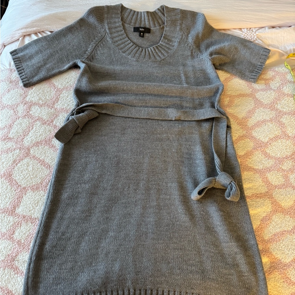 Gray Knit Sweater Dress with Belt